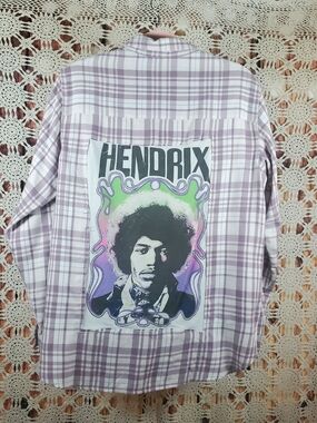 Upcycled Jachs Lavender and White Plaid/Jimi Hendrix Button-Down Shirt